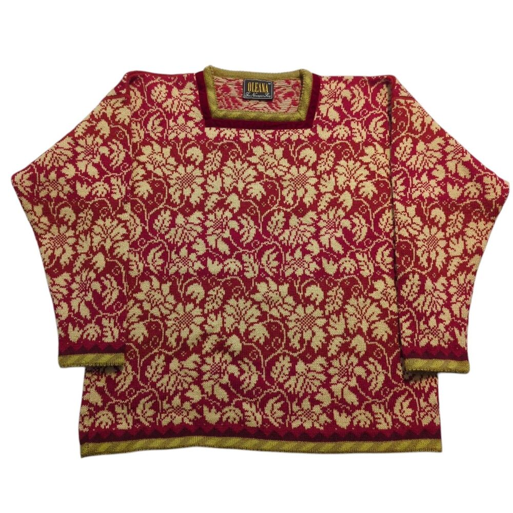 Oleana of Norway Sweater Wool Pullover Sz Medium Vintage Red Gold Green Paisley